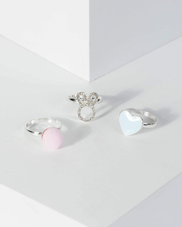 Silver Multi Pack Bunny And Pom Pom Rings | Rings