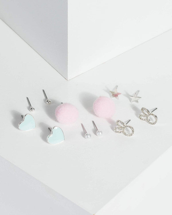 Silver Multi Pack Diamante Bunny And Pom Pom Earrings | Earrings
