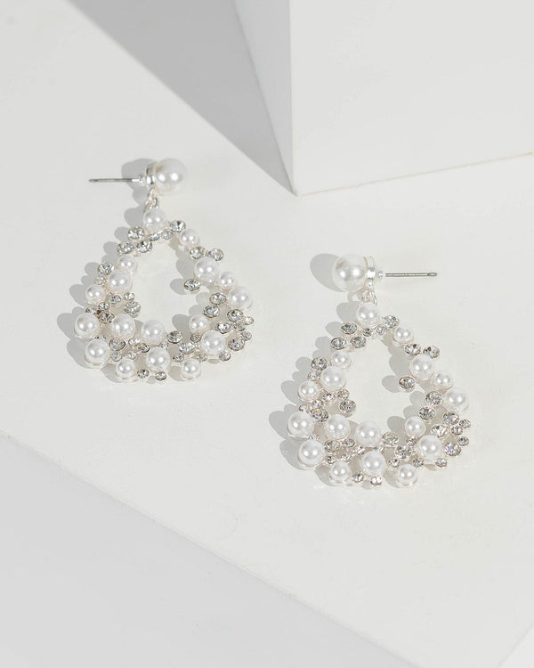Silver Multi Round Pearl Detail Drop Earrings | Earrings