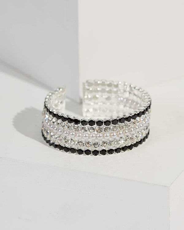 Silver Multi Row Crystal And Pearl Bracelet | Wristwear