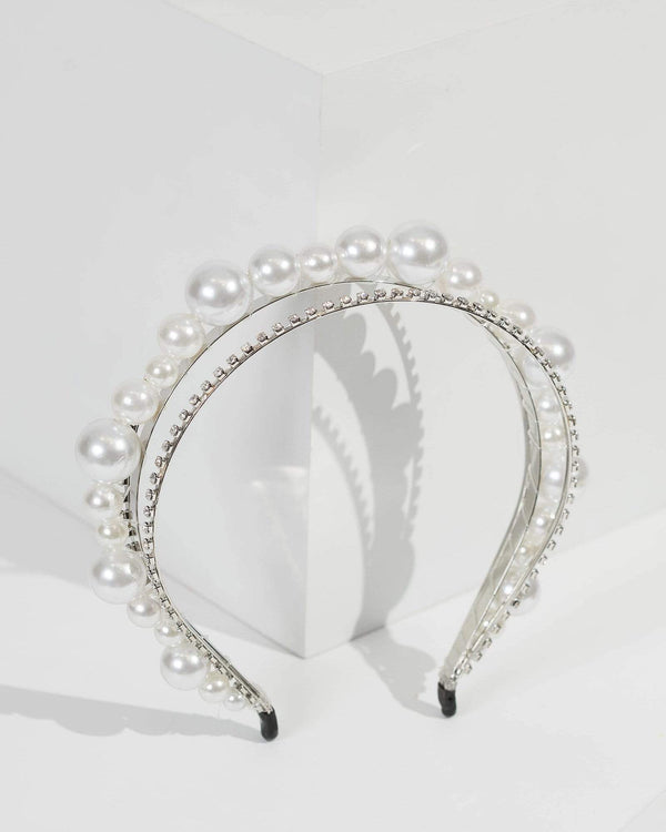 Silver Multi Row Crystal And Pearl Headband | Hair Accessories