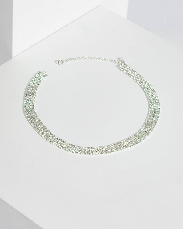 Silver Multi Row Diamante Cup Chain Necklace | Necklaces