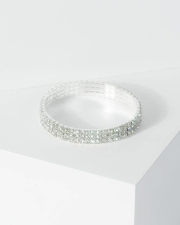 Silver Multi Row Diamante Stretch Bracelet | Wristwear