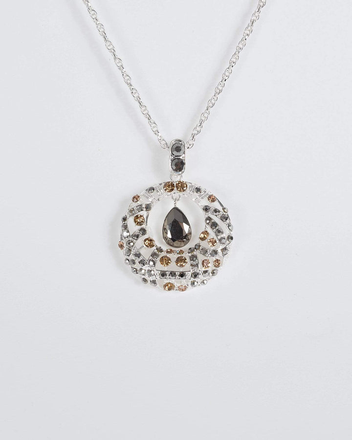Silver Open Diamante Pendant Hanging Teardrop Necklace | Necklaces