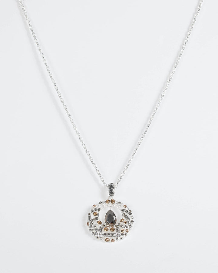 Silver Open Diamante Pendant Hanging Teardrop Necklace | Necklaces