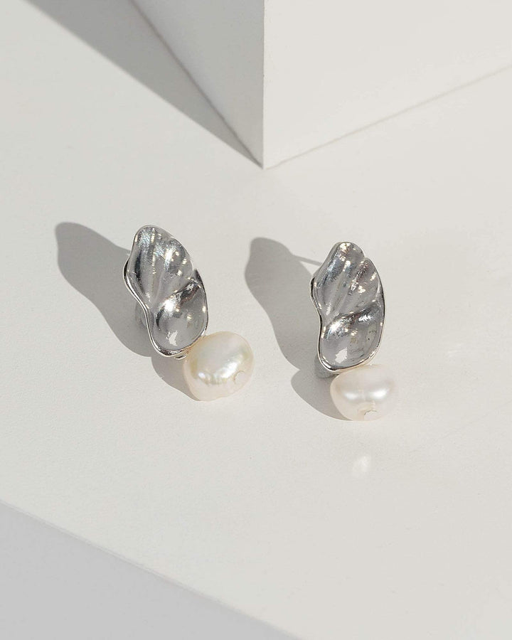 Silver Organic Metal Pearl Drop Earrings | Earrings