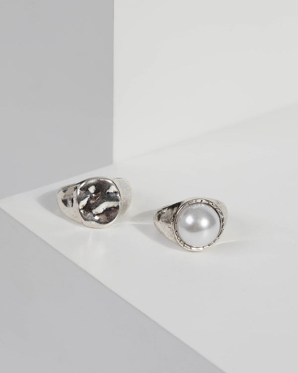 Silver Organic Metal Pearl Ring Set | Rings