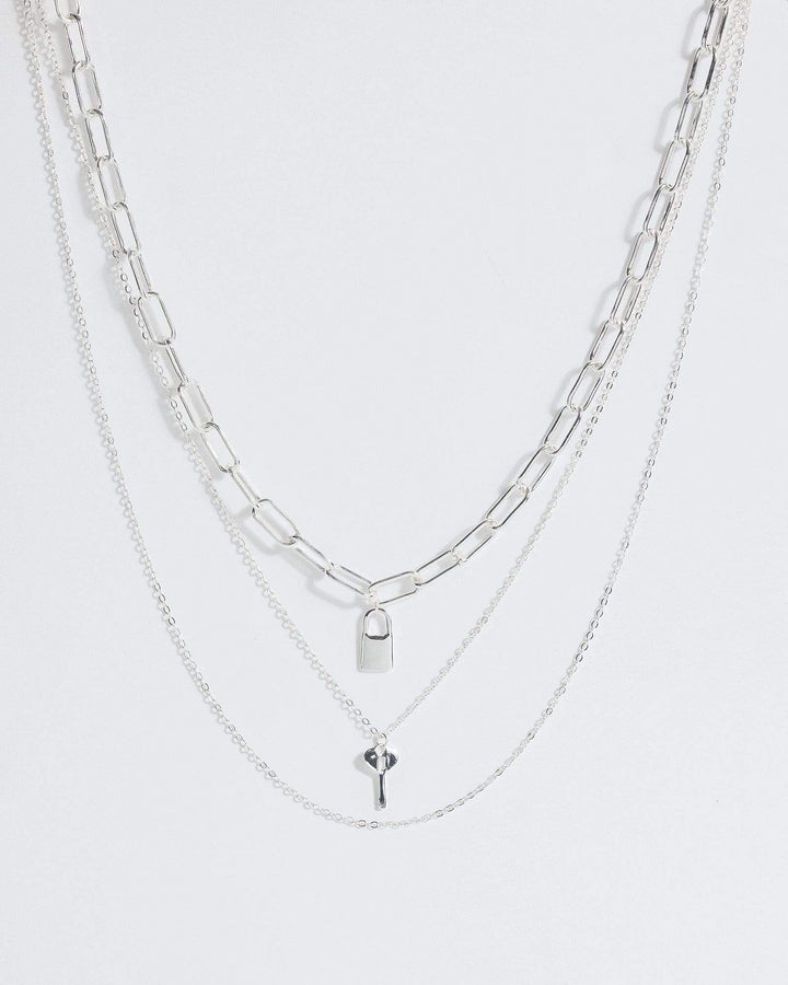 Silver Padlock And Key 3 Layer Necklace | Necklaces