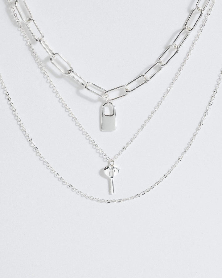 Silver Padlock And Key 3 Layer Necklace | Necklaces