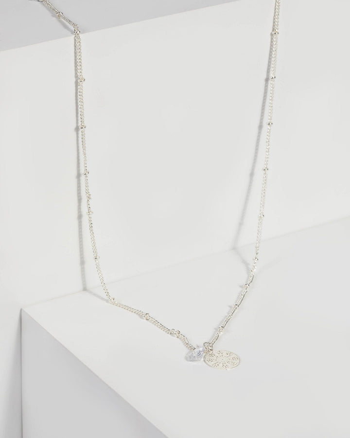 Silver Pave Bordered Filigree With Crystal Necklace | Necklaces