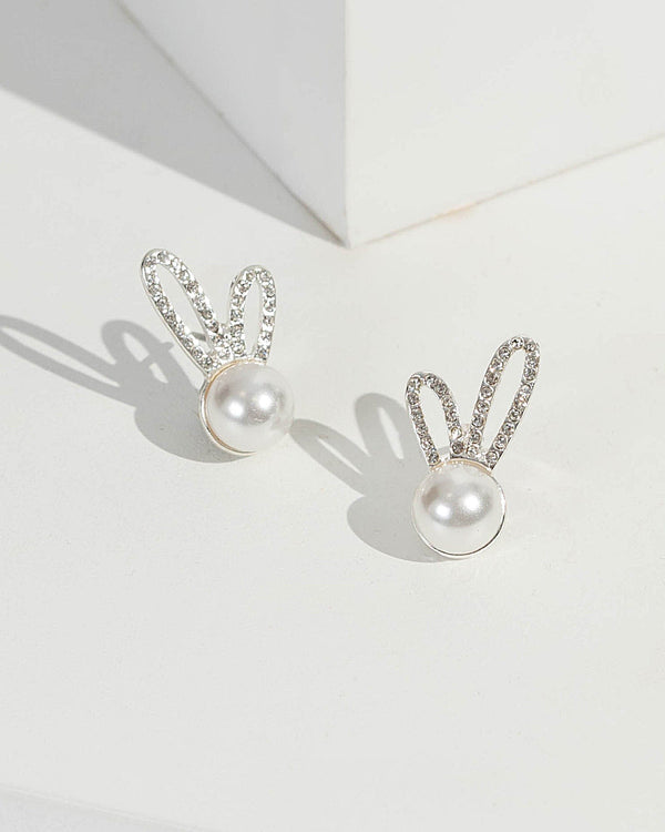 Silver Pearl And Crystal Bunny Stud Earrings | Earrings