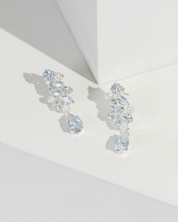 Silver Pearl And Crystal Drop Earrings | Earrings