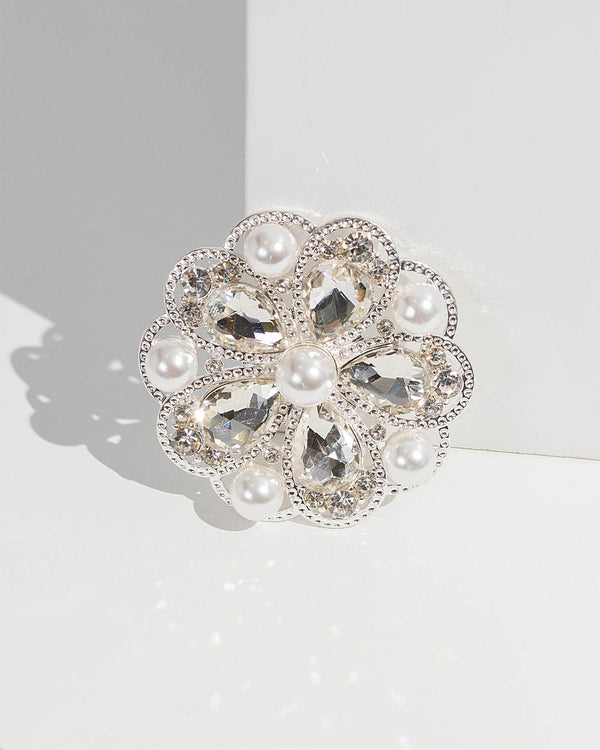 Colette by Colette Hayman Silver Pearl And Crystal Flower Brooch