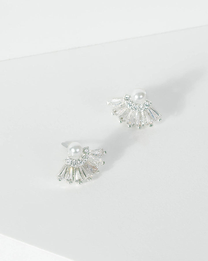 Silver Pearl And Cubic Zirconia Fan Stud Earrings | Earrings