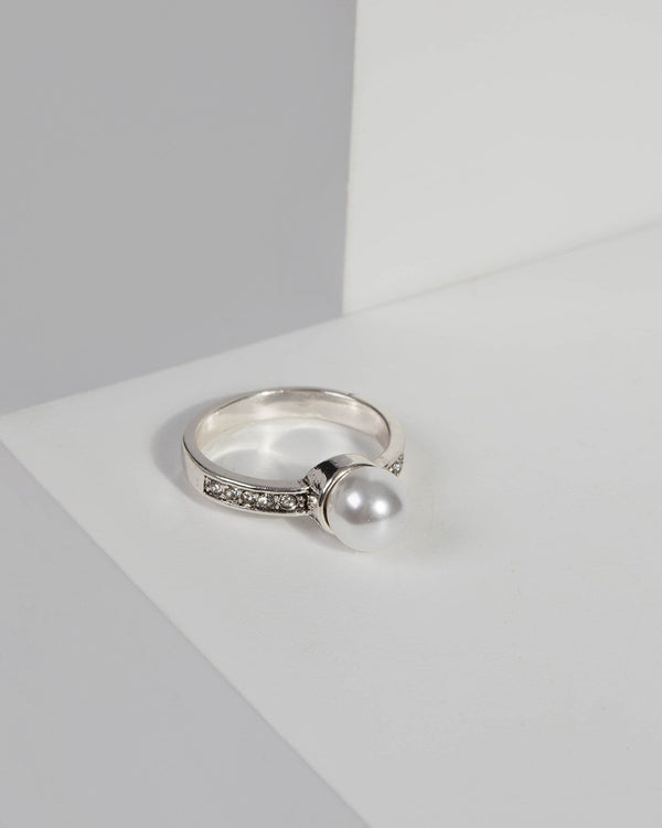 Silver Pearl Crystal Band Ring | Rings