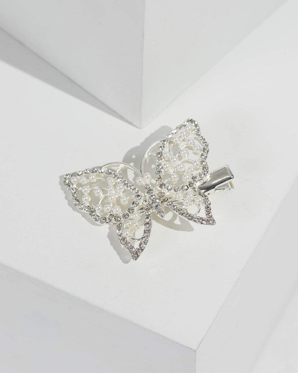 Silver Pearl Crystal Butterfly Hair Clip | Hair Accessories