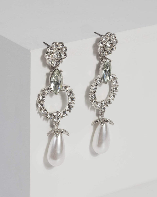Silver Pearl Crystal Drop Earrings | Earrings