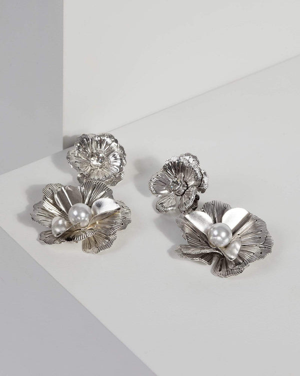 Silver Pearl Drop Floral Earrings | Earrings