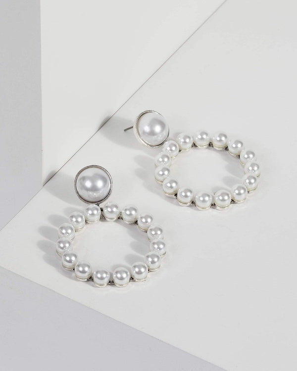 Silver Pearl Drop Hoop Earrings | Earrings