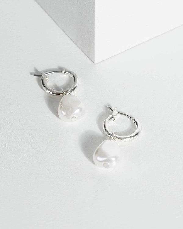 Silver Pearl Drop Mini Hoop Earrings | Earrings