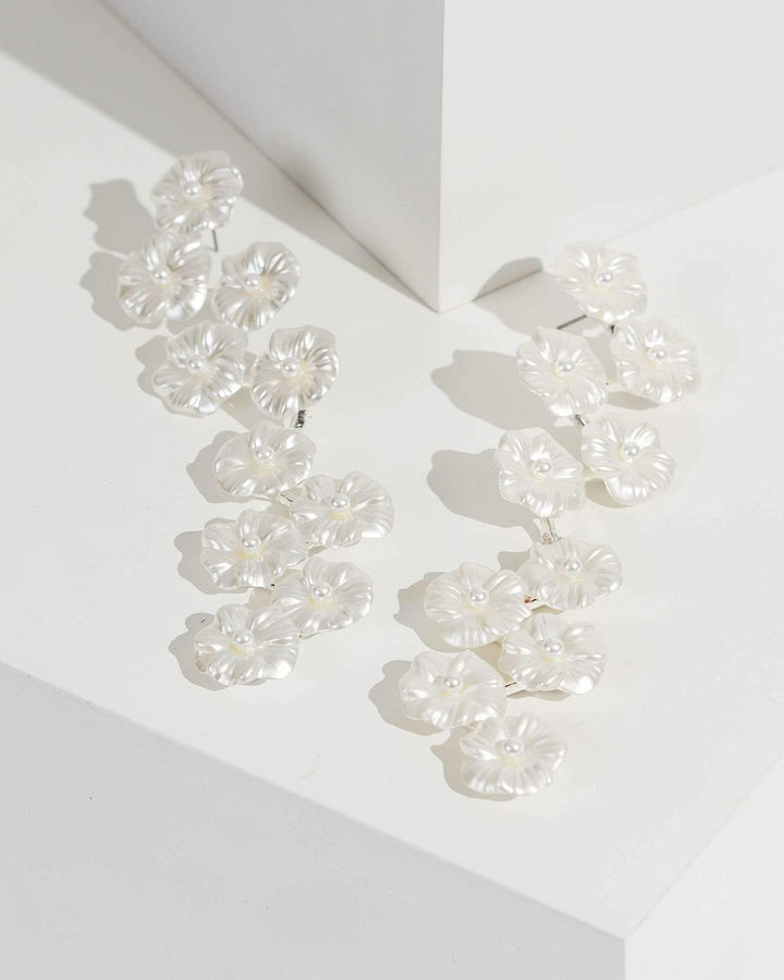 Silver Pearl Flower Detail Drop Earrings | Earrings