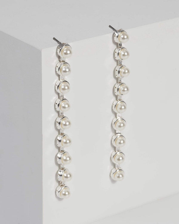 Silver Pearl Long Drop Earrings | Earrings