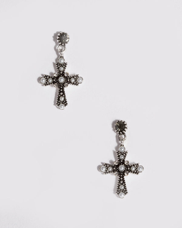 Silver Pearl Mini Cross Stud Earrings | Earrings