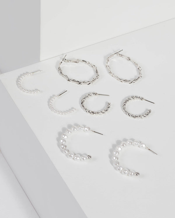 Silver Pearl Multi Hoop Earring Set | Earrings
