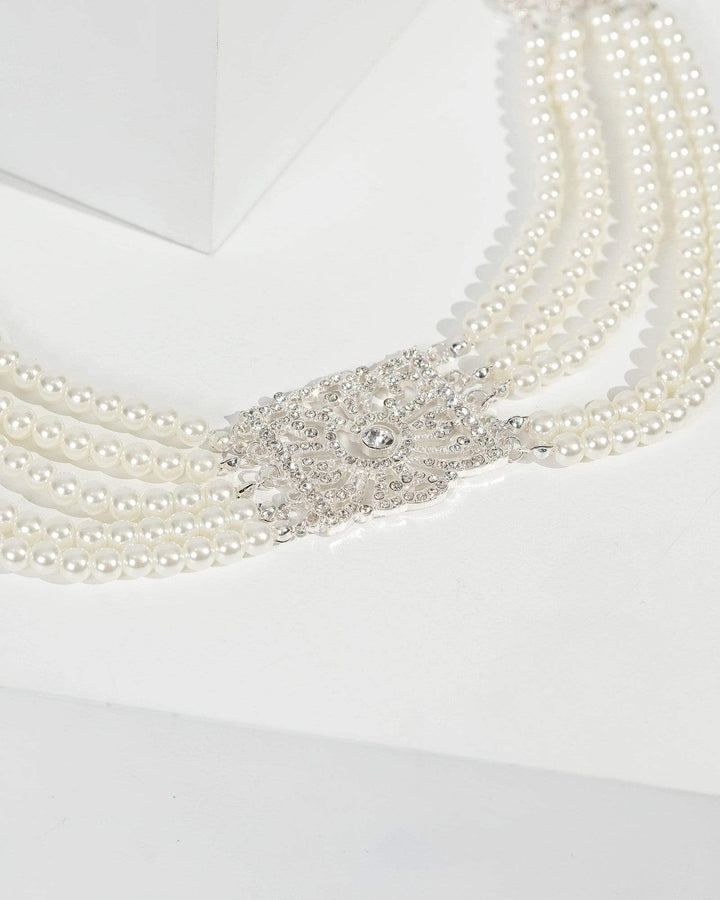 Silver Pearl String Crystal Motif Necklace | Necklaces