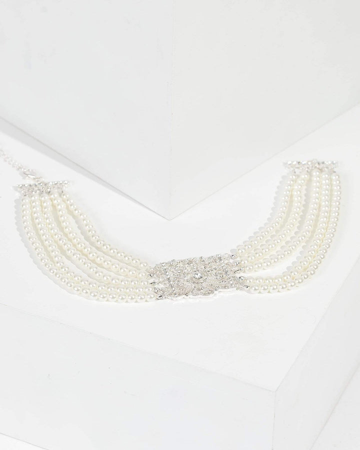 Silver Pearl String Crystal Motif Necklace | Necklaces