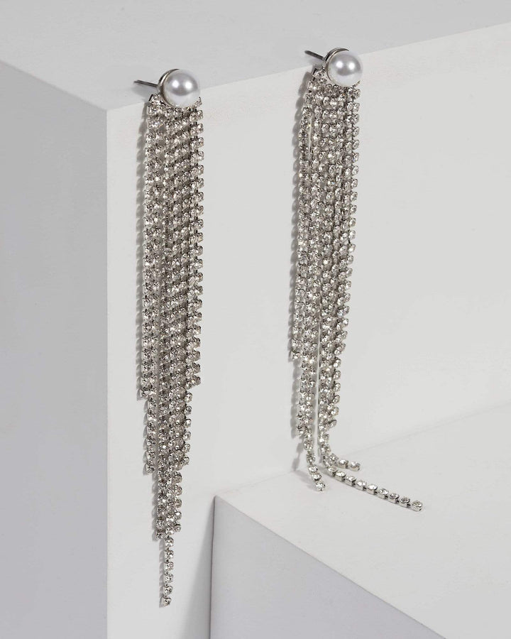 Silver Pearl Stud Drop Chain Earrings | Earrings