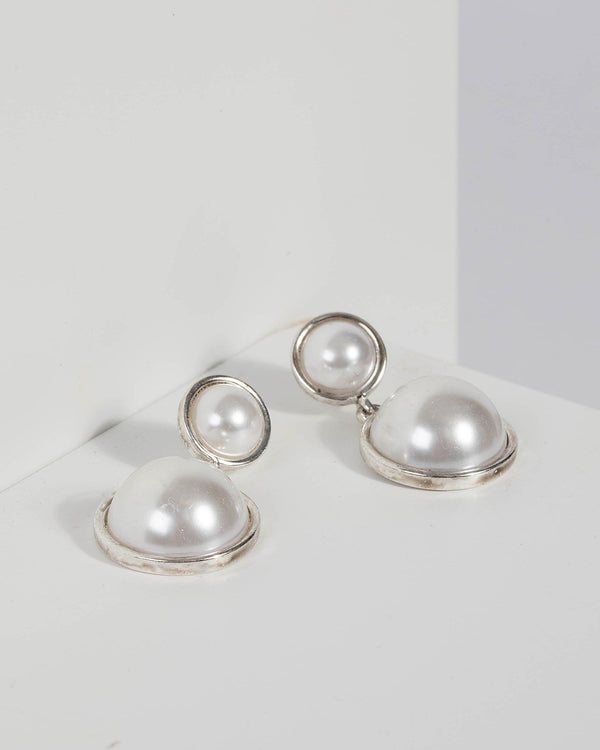 Silver Pearl Stud Drop Earrings | Earrings