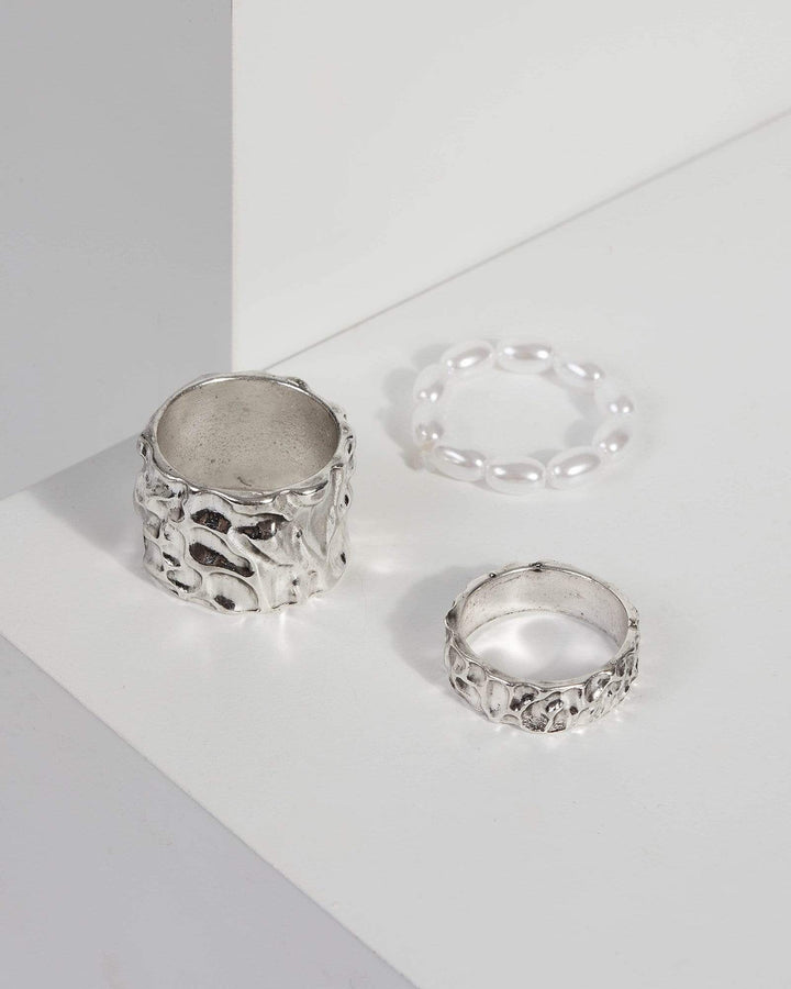 Silver Pearl Textured Metal Ring Set | Rings