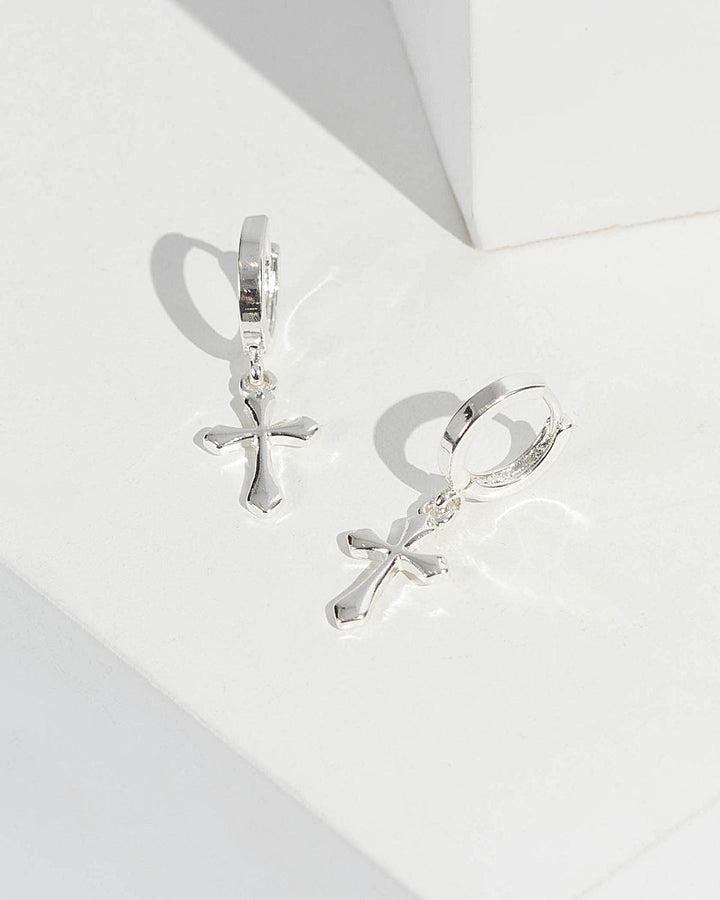 Silver Plain Metal Cross Hoop Earrings | Earrings