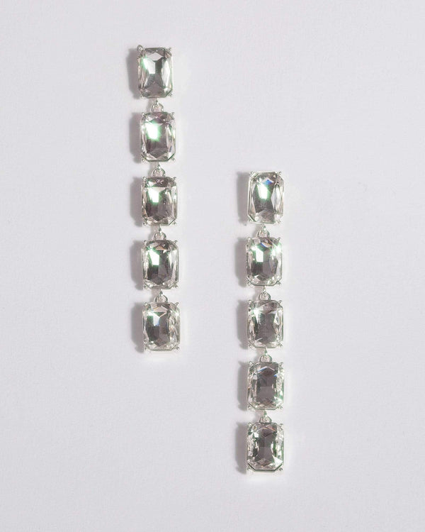 Silver Rectangle Crystal Drop Earrings | Earrings