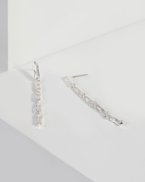 Silver Rectangle Cubic Zirconia Drop Earrings | Earrings