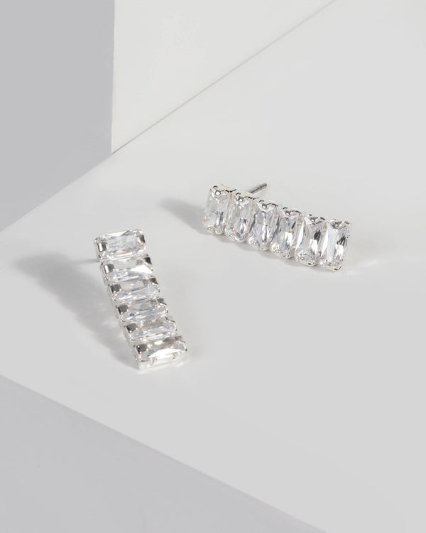 Silver Rectangle Cubic Zirconia Drop Earrings | Earrings