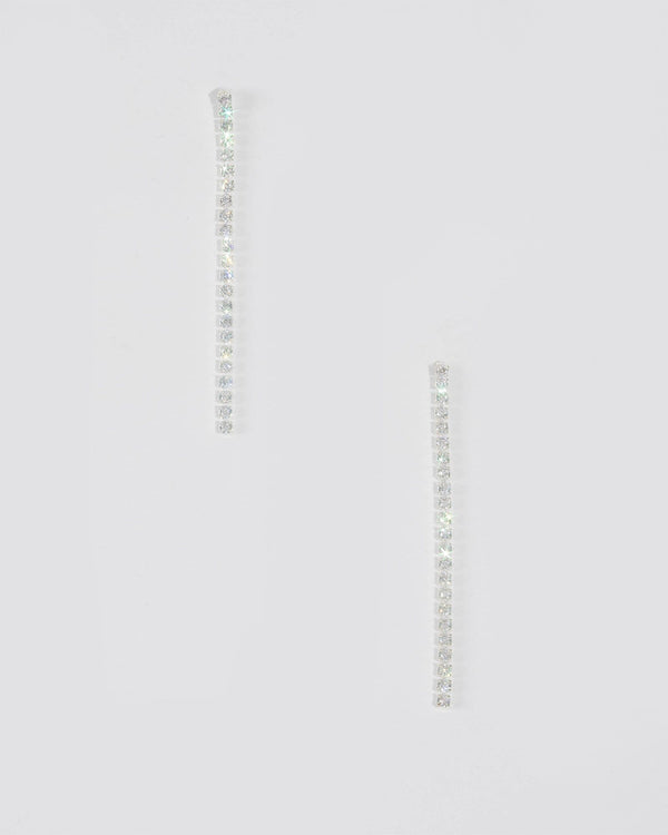Silver Round Diamante Drop Earrings | Earrings