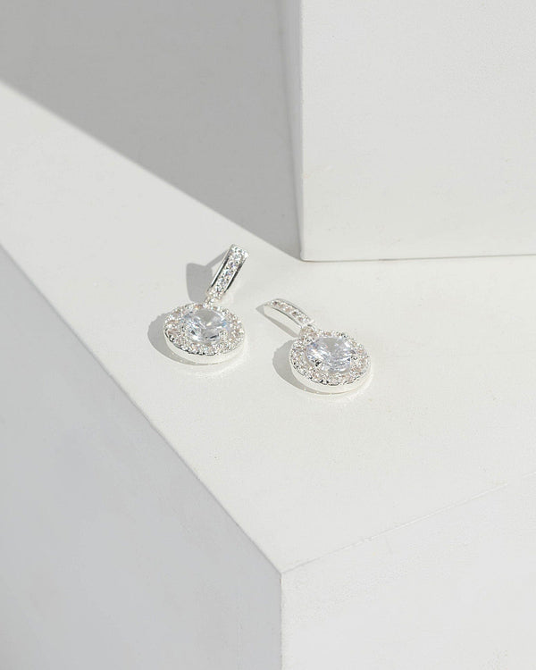 Silver Round Diamante Drop Earrings | Earrings