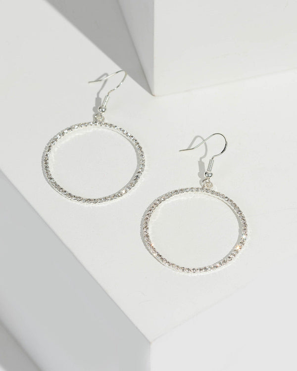 Silver Round Diamante Drop Hook Earrings | Earrings