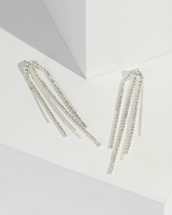 Silver Rounded Crystal Tassel Drop Earrings | Earrings