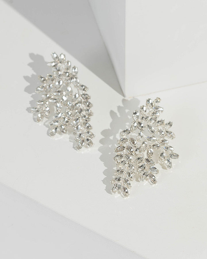 Silver Side Fan Crystal Detail Drop Earrings | Earrings