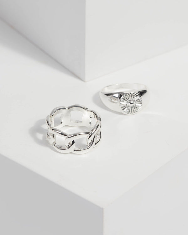 Silver Signet And Chain Ring Set | Rings