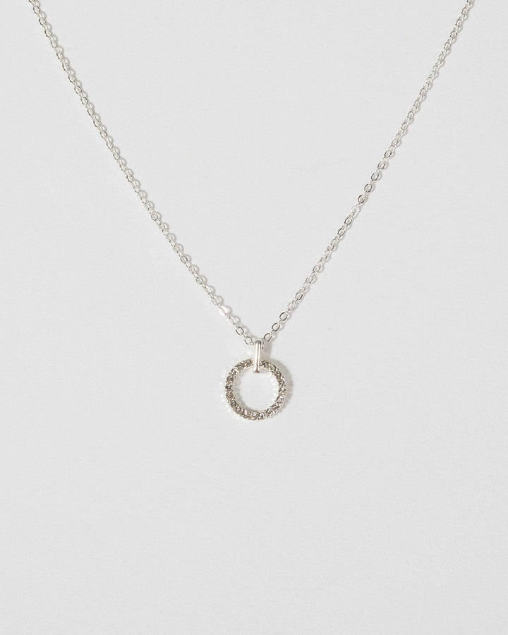 Silver Small Diamante Circle Metal Bar Detail Necklace | Necklaces