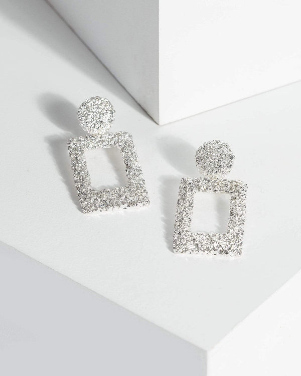 Silver Small Textured Rectangle Drop Earrings | Earrings