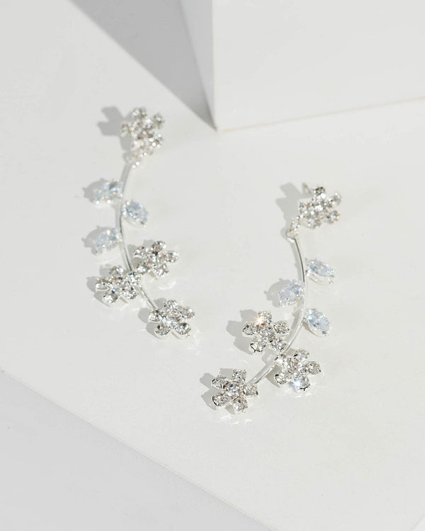 Silver Sml Crystal Flower And Leaf Drop Earrings | Earrings