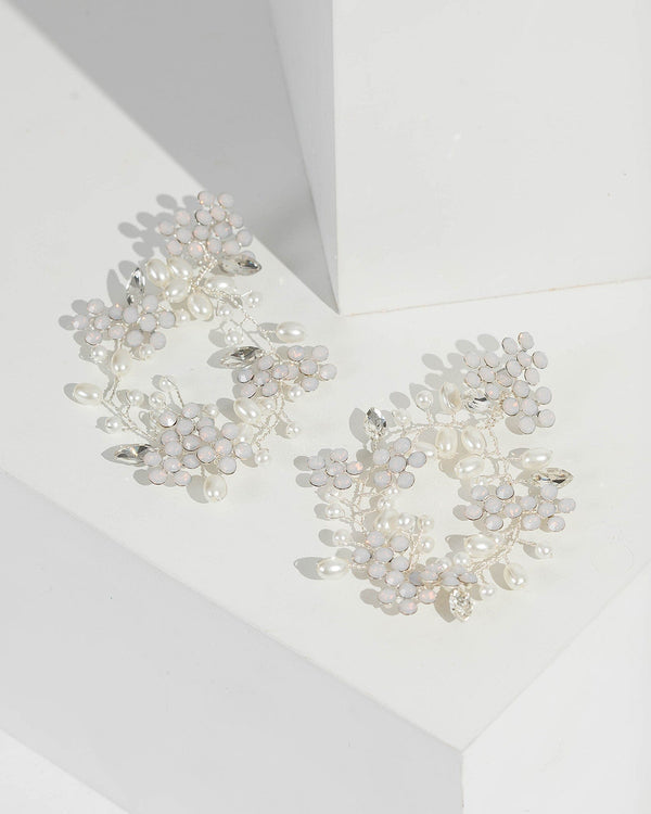 Silver Small Flower Cluster And Pearl Drop Earrings | Earrings