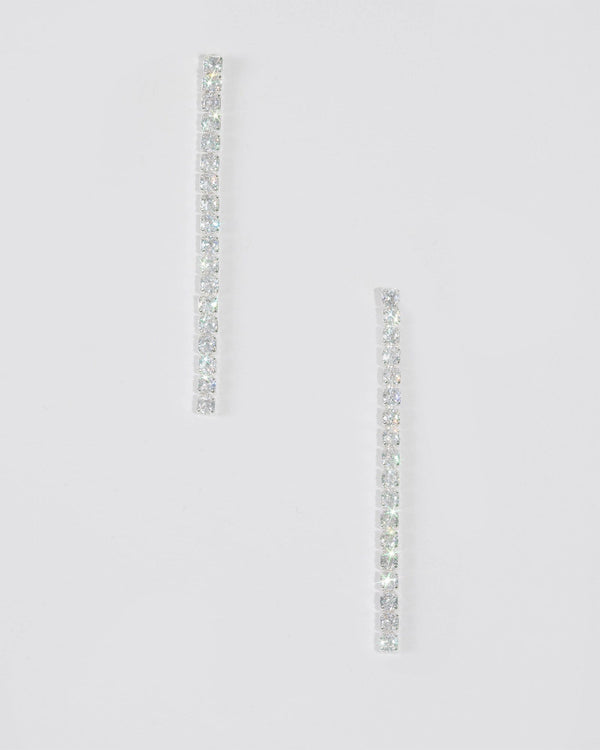 Silver Square Diamante Short Drop Earrings | Earrings