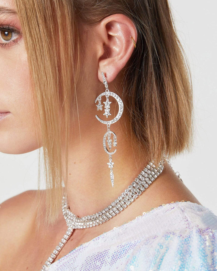 Silver Star And Moon Diamante Detail Drop Earrings | Earrings