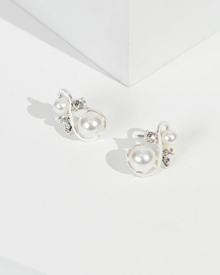 Silver Swirl Pearl Motif Earrings | Earrings